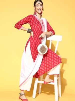 Indo Era Red Printed Straight Kurta Palazzo With Dupatta Set 4