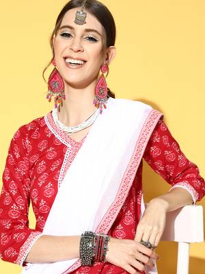 Indo Era Red Printed Straight Kurta Palazzo With Dupatta Set 5