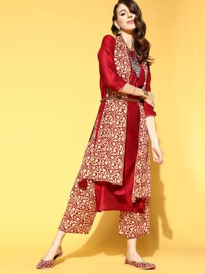 Indo Era Red Solid Straight Kurta Palazzo With Dupatta Set 1