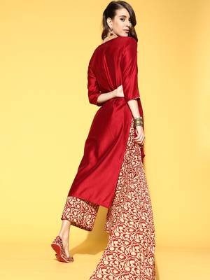 Indo Era Red Solid Straight Kurta Palazzo With Dupatta Set 2