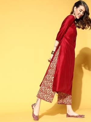 Indo Era Red Solid Straight Kurta Palazzo With Dupatta Set 3