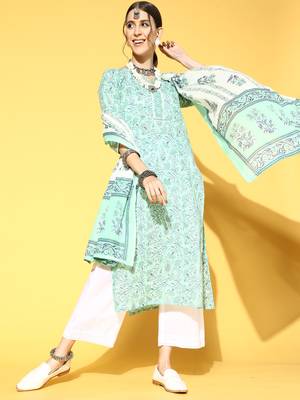 Indo Era Sea Green Printed Straight Kurta With Palazzo Set 1