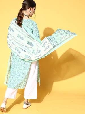 Indo Era Sea Green Printed Straight Kurta With Palazzo Set 2