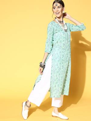 Indo Era Sea Green Printed Straight Kurta With Palazzo Set 3