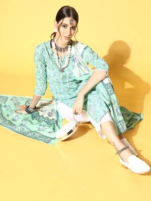 Indo Era Sea Green Printed Straight Kurta With Palazzo Set 4