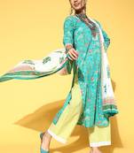 Indo Era Teal Angrakha Printed Kurta Trouser With Dupatta Set
