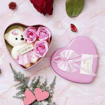 eCraftIndia Purple Heart Shaped Gift Box with 3 Purple Roses Teddy Bear and a Card 1