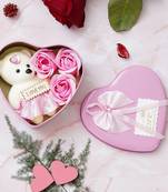 eCraftIndia Purple Heart Shaped Gift Box with 3 Purple Roses Teddy Bear and a Card