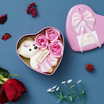 eCraftIndia Purple Heart Shaped Gift Box with 3 Purple Roses Teddy Bear and a Card 2