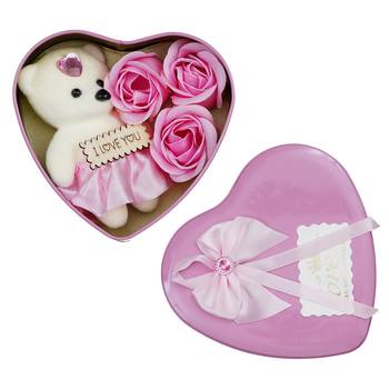 eCraftIndia Purple Heart Shaped Gift Box with 3 Purple Roses Teddy Bear and a Card 4