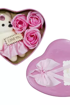 eCraftIndia Purple Heart Shaped Gift Box with 3 Purple Roses Teddy Bear and a Card
