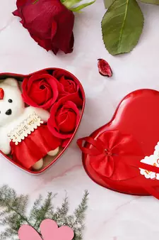 eCraftIndia Red Roses and Teddy Bear Valentine's Heart Shaped Gift Box