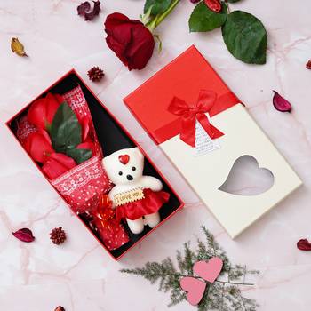 eCraftIndia Red Roses Bouquet and White & Red Teddy Bear Valentine's Square Shaped Gift Box 1
