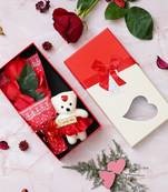 eCraftIndia Red Roses Bouquet and White & Red Teddy Bear Valentine's Square Shaped Gift Box