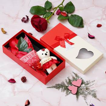 eCraftIndia Red Roses Bouquet and White & Red Teddy Bear Valentine's Square Shaped Gift Box 2