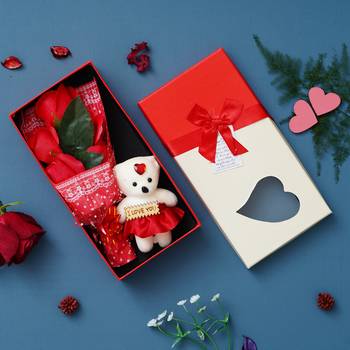 eCraftIndia Red Roses Bouquet with White & Red Teddy Bear Valentine's Square Shaped Gift Box 1
