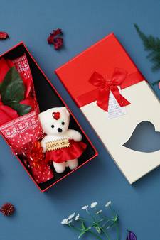 eCraftIndia Red Roses Bouquet with White & Red Teddy Bear Valentine's Square Shaped Gift Box
