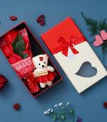 eCraftIndia Red Roses Bouquet with White & Red Teddy Bear Valentine's Square Shaped Gift Box