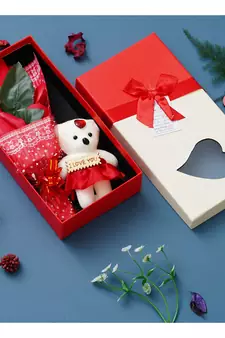 eCraftIndia Red Roses Bouquet with White & Red Teddy Bear Valentine's Square Shaped Gift Box