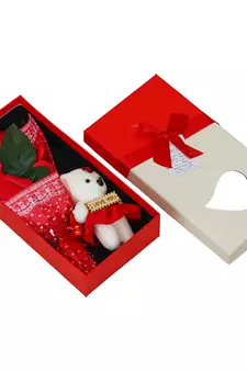 eCraftIndia Red Roses Bouquet with White & Red Teddy Bear Valentine's Square Shaped Gift Box