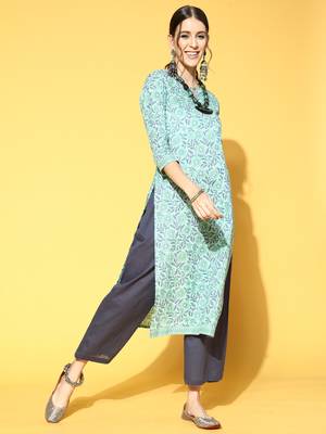 Indo Era Sea Gree Printed Straight Kurta With Trouser Set 1