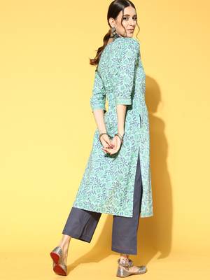 Indo Era Sea Gree Printed Straight Kurta With Trouser Set 2