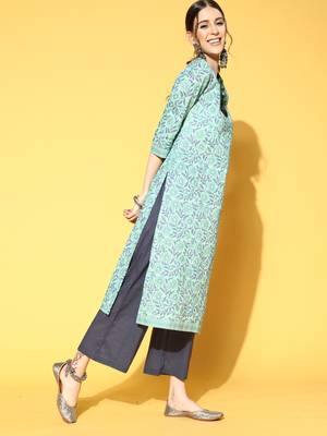 Indo Era Sea Gree Printed Straight Kurta With Trouser Set 3