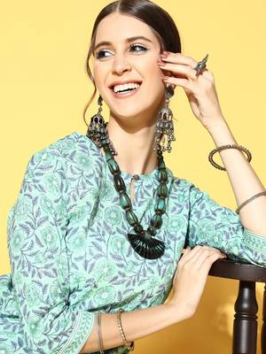 Indo Era Sea Gree Printed Straight Kurta With Trouser Set 5