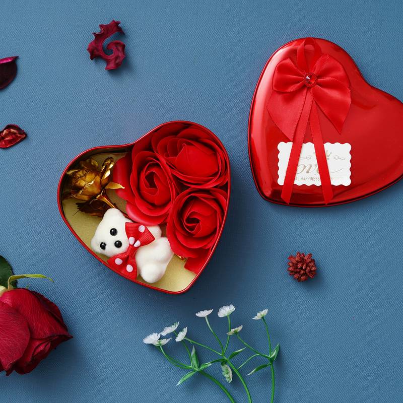 eCraftIndia Red Heart Shaped Gift Box with 3 Red Roses 1 Teddy Bear and 1 Golden Rose