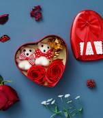 eCraftIndia Red Heart Shaped Gift Box with 2 Red Roses 2 Teddy Bears and 1 Golden Rose