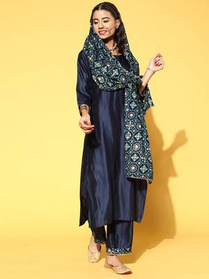 Indo Era Navy Blue Solid Straight Kurta Palazzo With Dupatta Set 1