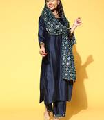 Indo Era Navy Blue Solid Straight Kurta Palazzo With Dupatta Set