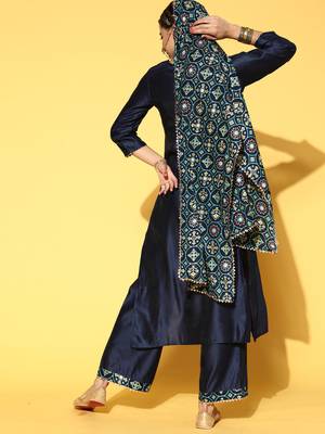 Indo Era Navy Blue Solid Straight Kurta Palazzo With Dupatta Set 2