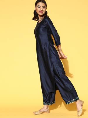 Indo Era Navy Blue Solid Straight Kurta Palazzo With Dupatta Set 3