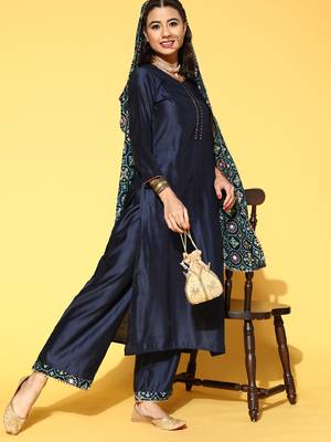 Indo Era Navy Blue Solid Straight Kurta Palazzo With Dupatta Set 4