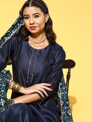 Indo Era Navy Blue Solid Straight Kurta Palazzo With Dupatta Set 5