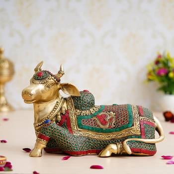 eCraftIndia Colorful Holy Kamdhenu Cow Handcrafted Brass Idol with Stone Work 1