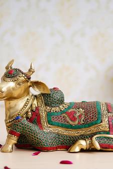 eCraftIndia Colorful Holy Kamdhenu Cow Handcrafted Brass Idol with Stone Work