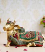 eCraftIndia Colorful Holy Kamdhenu Cow Handcrafted Brass Idol with Stone Work
