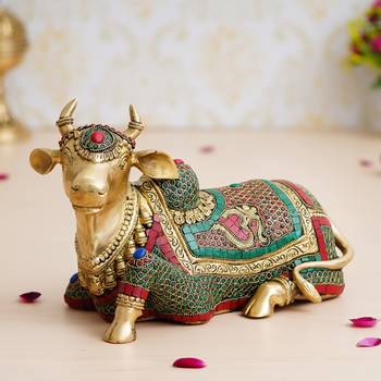eCraftIndia Colorful Holy Kamdhenu Cow Handcrafted Brass Idol with Stone Work 2