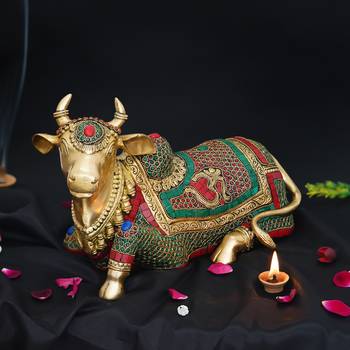 eCraftIndia Colorful Holy Kamdhenu Cow Handcrafted Brass Idol with Stone Work 3