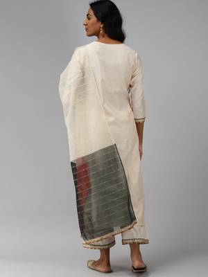 Indo Era Off White Embroidered Straight Kurta Palazzo With Dupatta 2