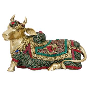 eCraftIndia Colorful Holy Kamdhenu Cow Handcrafted Brass Idol with Stone Work 4