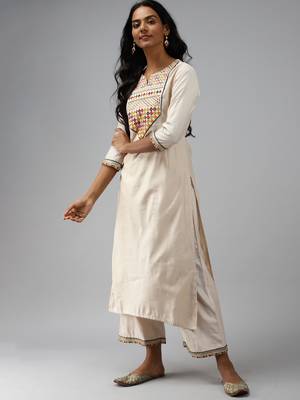 Indo Era Off White Embroidered Straight Kurta Palazzo With Dupatta 1