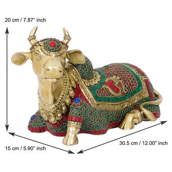 eCraftIndia Colorful Holy Kamdhenu Cow Handcrafted Brass Idol with Stone Work 5
