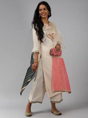 Indo Era Off White Embroidered Straight Kurta Palazzo With Dupatta 3