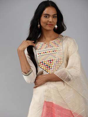 Indo Era Off White Embroidered Straight Kurta Palazzo With Dupatta 4