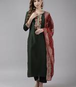 Indo Era Bottle Green Embroidered Straight Kurta Trouser With Dupatta Set