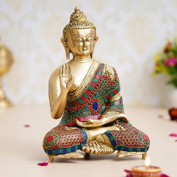 eCraftIndia Colorful Lord Buddha Handcrafted Brass Idol with Stone Work 1