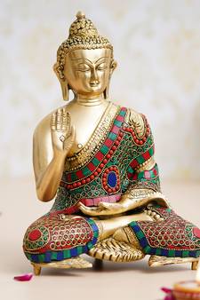 eCraftIndia Colorful Buddha Handcrafted Brass Statue with Stone Work